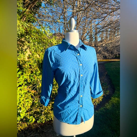 TALBOTS Blue Button-Up Shirt with Polka Dots - Picture 1 of 6